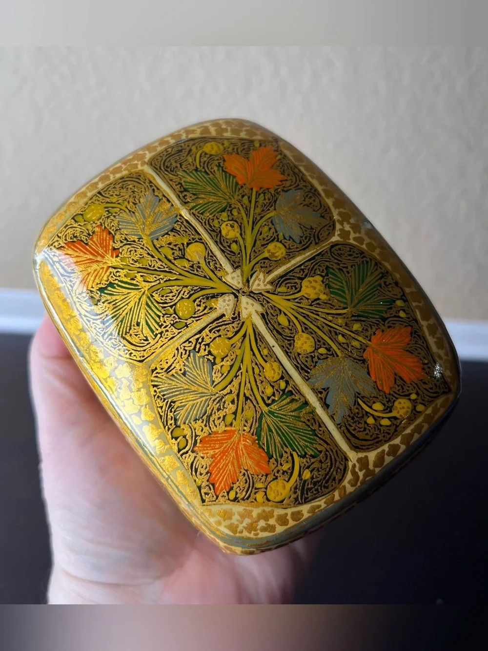 Vintage 1970s Kashmiri Papier Mâché Jewelry Box Domed Lid Gold Floral Trinket